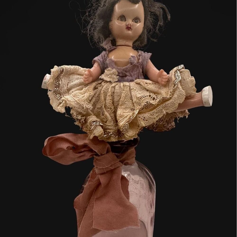 Vintage Doll Assemblage Art on Glass Bottle, Gothic Oddity Decor OOAK